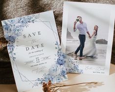 an image of a couple on their wedding day with the save the date card next to them