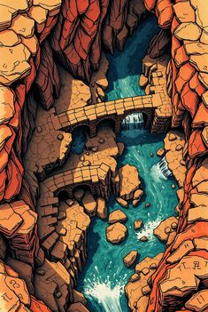 an illustration of a bridge over a river in a canyon with rocks and water flowing from it