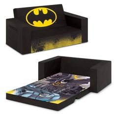 two black chairs with batman logos on the front and back, one is made out of cardboard