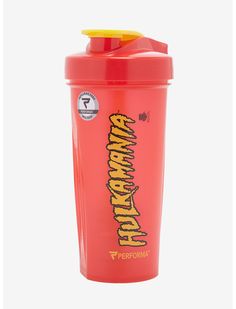 a red shaker cup with a yellow lid