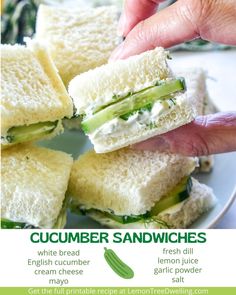 a person is holding a sandwich with cucumber sandwiches on it and the words cucumber sandwiches written in english