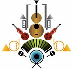 an abstract illustration with musical instruments and music notes in the center, on a white background