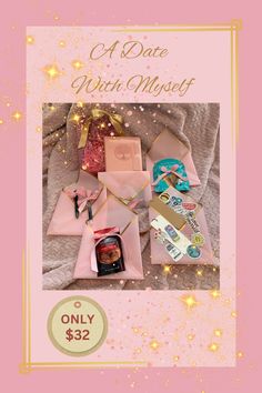 a pink card with some items in it and the words, a date with myself