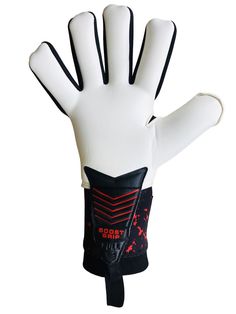 a white glove with black and red detailing on it's palm, showing the fingers