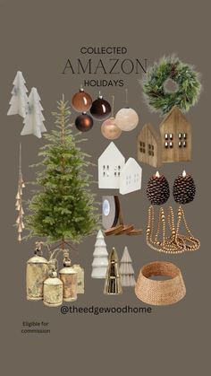 an assortment of christmas decorations and ornaments on a gray background with the words, collected by amazon