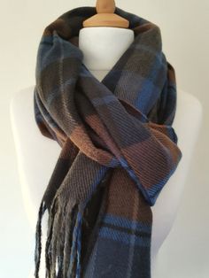 Super soft, long, men's scarf. Length includes 10cm tassels at each end. 30% wool 70% acrylic Casual Plaid Wool Scarf, Casual Wool Plaid Scarves, Plaid Winter Scarves One Size, Winter Plaid Scarves One Size, Blue Plaid Scarf, Men's Scarf, Brown And Blue, Mens Scarves, Black And Navy