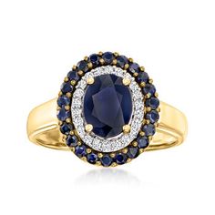 Ross-Simons - 2.00ct t.w. Sapphire, .11ct t.w. Diamond Ring Oval Cut in 14kt Yellow Gold. Size 8. A rich 1.40 carat sapphire oval sits within a double frame of .11 ct. t.w diamonds and .60 ct. t.w. sapphire rounds. Set in polished 14kt yellow gold. This classic ring would be a gorgeous addition to your jewelry collection. White and black rhodium. 1/2" wide. Diamond and sapphire ring. Sapphire birthstones are the perfect gift for September birthdays. Diamond Ring Oval, Diamond And Sapphire Ring, Jewelry Presentation, Sapphire Birthstone, Double Frame, Ring Sapphire, Sapphire And Diamond Ring, Sapphire Color, Onyx Earrings