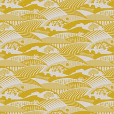 a yellow and white pattern with trees, hills and clouds in the background on an off - white wallpaper