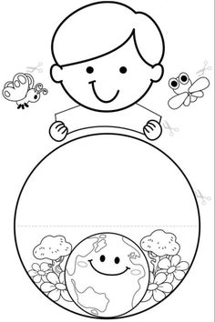 a coloring page with a boy holding the earth and bees flying around it, in black and white