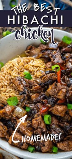 the best hibashi chicken recipe with rice and green onions in a white bowl