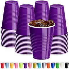 purple plastic cups with different colors and sizes are shown in front of an image of the same cup