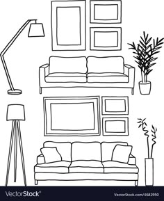 a living room with couches, lamps and pictures on the wall in black and white