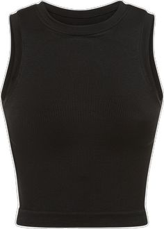 Black Sporty Seamless Tank Top, Black Ribbed Elastane Tops, Black Seamless Tank Crop Top, Black Tank Crop Top With Seamless Construction, Black Ribbed Racerback Crop Top, Black Ribbed Racerback Tank Top, Black Sporty Crop Top With Tank Straps, Fitted Black Ribbed Vest, Black Ribbed Workout Top