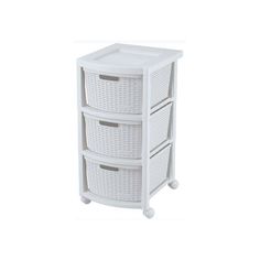 the three drawers are white and have wicker baskets on each side, along with wheels