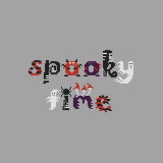 the words spooky time are made up of pixelated letters and ghost faces