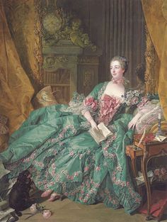 a painting of a woman in a green dress sitting on a chair with an open book