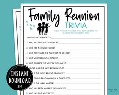 a family reunion trivia is shown with the word family reunion written in black on it