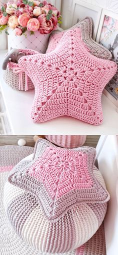 crocheted pillows and cushions on a white table with pink flowers in the background