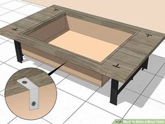 a coffee table with an open drawer on the bottom and two legs attached to it