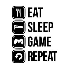 the eat sleep game repeat sticker is shown in black and white, with an arrow pointing