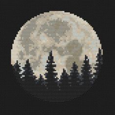 a cross stitch pattern with trees and the moon in the sky behind it, on a black background