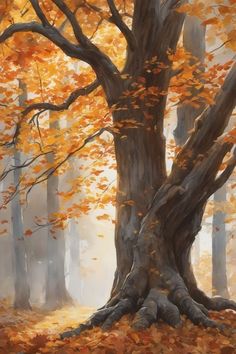 an oil painting of a tree in the woods with fall leaves on it's ground