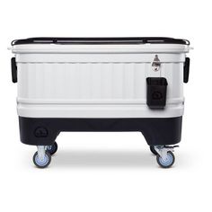 a white and black cooler on wheels