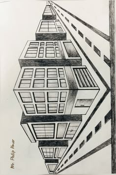 a drawing of a tall building with lots of windows on the top and bottom floor