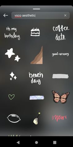 an iphone screen with various stickers on it and the words coffee, cake, beach day