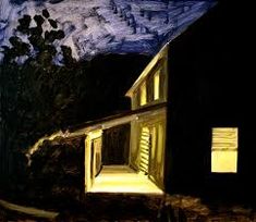 a painting of a house at night with light coming from the windows and on to the roof