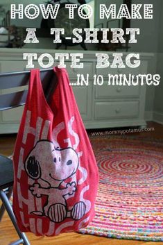 a tote bag sitting on top of a wooden floor next to a chair and rug