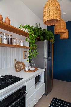 a kitchen with an oven, refrigerator and potted plant on the counter in front of it