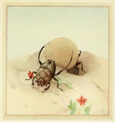 a painting of a bug crawling on the ground with flowers in front of its body