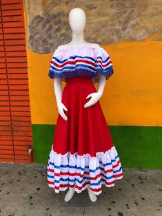 DOMINICAN REPUBLIC DRESS, Puerto Rico Dress, Costa Rica Dress, Caribbean Dress, Boricua Dress, Chile Dress, Paraguay Dress - Etsy Puerto Rico Dress, Dominican Republic Outfits, Caribbean Dress, North Hills, Beautiful Suit, Skirt And Blouse, American Traditional, Traditional Dress