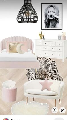 a bedroom with pink and gold accents, leopard print rugs, white bedding