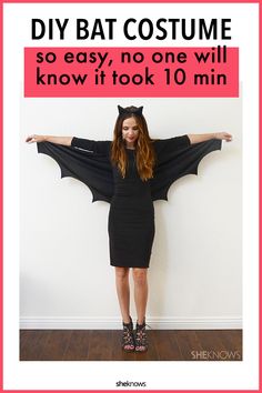 a woman wearing a bat costume with text overlay that reads diy bat costume so easy, no one will know it took 10 min