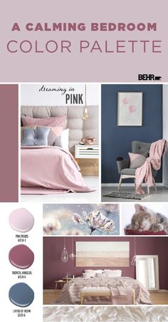 a bedroom with pink and blue walls, furniture and decor in the same color scheme