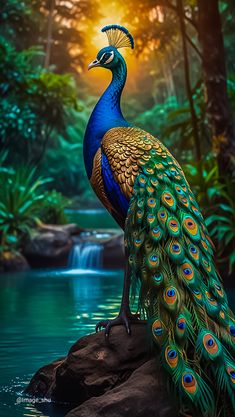 a peacock standing on top of a rock next to a river