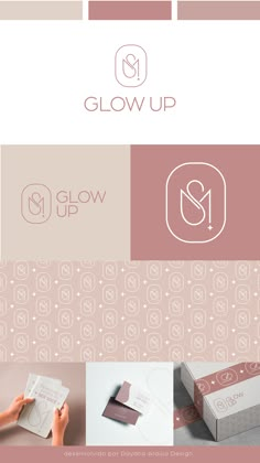 the logo for glow up is shown in three different colors and font styles, including pink,