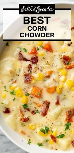 a white bowl filled with corn chowder and bacon