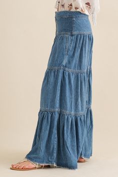 Frayed denim maxi skirt/shambray/cotton Relaxed Full Length Denim Skirt In Medium Wash, Medium Wash Full Length Relaxed Denim Skirt, Full-length Denim Blue Maxi Skirt, Non-stretch Cotton Denim Skirt With Button Closure, Trendy Denim Maxi Skirt With Flare, Trendy Denim Wide-leg Maxi Skirt, Denim Blue Full-length Maxi Skirt, Casual Medium Wash Full Length Maxi Skirt, Casual Medium Wash Full-length Maxi Skirt