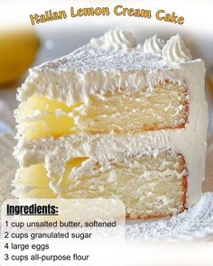 a close up of a slice of cake on a plate with lemons in the background