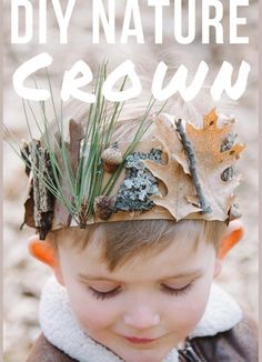 a young boy wearing a leaf crown with the words diy nature grown on it