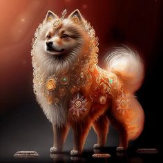 a digital painting of a dog with snowflakes on it's fur, standing in front of a red background