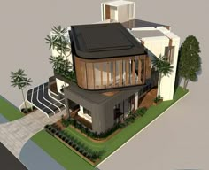 an artist's rendering of a modern house with large balconies on the roof