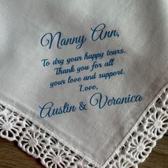 Wedding day gift for grandmother from the bride and the groom - personalized handkerchief 100% cotton high-quality handkerchief Hankie Size: 12 x 12 inches approx Create your own Poem/Verse/message. You can write your own unique text. I will do it a maximum of 80 words long. The text is not embroidered, the text is not printed. The text is made by special transfer vinyl. Production time 2 weeks. A wide selection of wedding handkerchiefs in a separate category. Come, see, choose, buy https://www. Grandma Of The Bride Gift, Personalized Cotton Handkerchiefs, Mother's Day White Cotton Handkerchiefs, White Cotton Handkerchiefs For Mother's Day, Grandmother Of The Bride, Personalized Handkerchief, Embroidered Hankies, Gift For Grandmother, Wedding Day Gifts