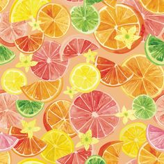 an orange, lemon, and grapefruit pattern is shown on a pink background