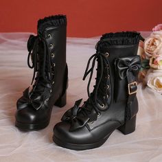 Customized Product. is not eligible for return. Ship In 5-12 Days.Fabric Material: PuColor: Black. White. PinkHeels Height: 5cm/1.97" Black Harajuku Style Lace-up Boots, Black Harajuku Style Winter Boots, Black Harajuku Boots With Round Toe, Harajuku Style Black Lace-up Boots, Black Lace-up Harajuku Boots, Cute Black Lace-up Boots, Cream Eyeliner, Halter Dress Short, Mini Dress Formal