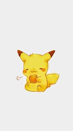 a drawing of a pikachu holding a coffee cup