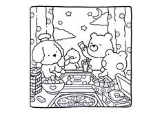 a coloring page with two teddy bears in the background and a table full of food